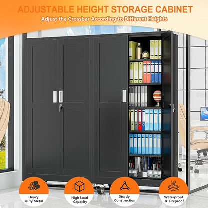 pozdeg 73.6" Metal Garage Storage Cabinets with Wheels, Lockable Rolling File Cabinets with 2 Doors and 5 Adjustable Shelves, Steel Tool Organizer Locker for Office Home Garage Gym School, Black