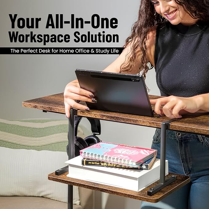 Small Rolling Desk with Wheels, Adjustable Height 27"-43.3" Portable Standing Desk, 31.5"x15.7" Tabletop, Mobile Laptop Computer Table for Home Office Workstation, Rustic Brown
