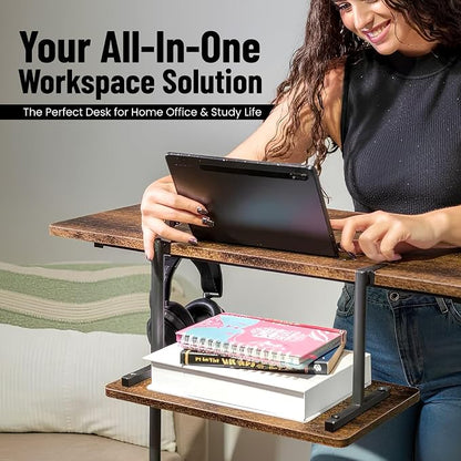 Small Rolling Desk with Wheels, Adjustable Height 27"-43.3" Portable Standing Desk, 31.5"x15.7" Tabletop, Mobile Laptop Computer Table for Home Office Workstation, Rustic Brown
