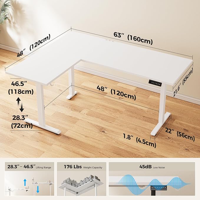 Agilestic L Shaped Standing Desk 63 inch Adjustable Height, Electric Corner Standing Desk, Sit Stand Computer Table with Splice Board, White