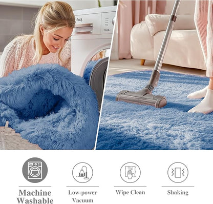 OLANLY Blue Round Rugs for Bedroom - Machine Washable, 7 ft Circle Area Rugs for Living Room, Soft and Fluffy Shaggy Carpet for Teen Girl and Boys, Nursery Rooms, Dorms, Home Decor Aesthetic