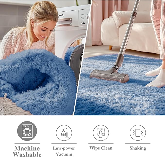 OLANLY Blue Round Rugs for Bedroom - Machine Washable, 3 ft Circle Area Rugs for Living Room, Soft and Fluffy Shaggy Carpet for Teen Girl and Boys, Nursery Rooms, Dorms, Home Decor Aesthetic