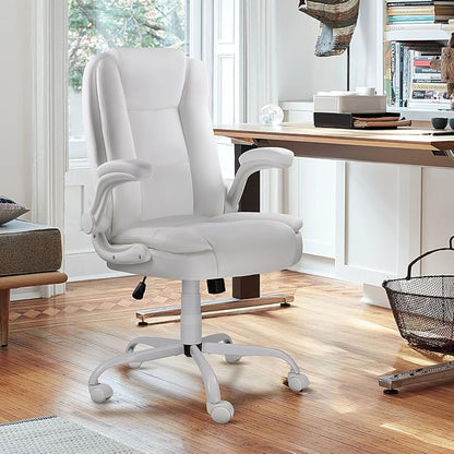 VITESSE Ergonomic Office Chair with Flip-up Armrests, Big and Tall Leather Executive Office Chair, High Back Lumbar Support Home Computer Desk Chair, Heavy and Duty Computer Chair (White)