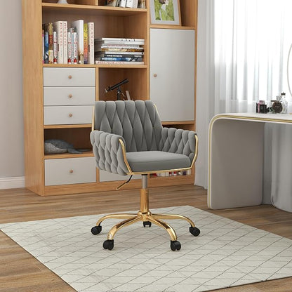 Velvet Home Office Chair, Modern Height Adjustable Cute Vanity Chair, 360° Swivel Makeup Chair Desk Chair with Golden Base and Hand Woven Backrest for for Bedroom/Study/Vanity(Light Gray)