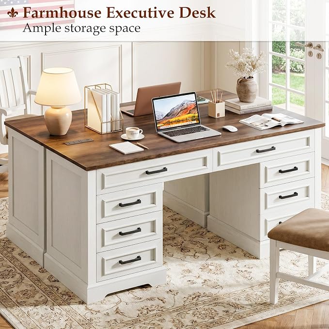 58" Executive Desk with 7 Drawers, Large Computer Desk with Charging Station , Wood Home Office Desk with File Drawer for Letter/A4 Size Hanging Files for Home Office, Rustic White and Rustic Brown