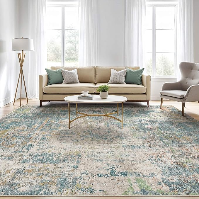 6x9 Area Rugs Living Room: Washable Large Abstract Neutral Modern Soft Rugs Stain Resistant Indoor Floor Non-Slip Accent Carpet for Bedroom Nursery Playroom Office Dining Room Home Decor- Teal