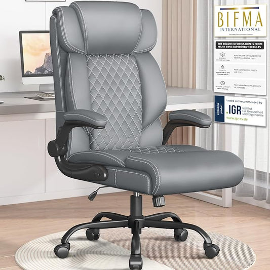 Office Chair-Executive High Back Breathable Big and Tall Office Chair Flip-up Armrests Lumbar Support-Ergonomic Leather Rolling Swivel Chair with Rock Function for Working Studying Gaming,Gray