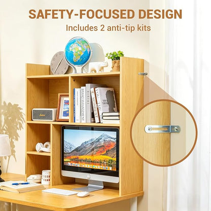 deli Desktop Shelf, Desk Hutch with 5 Shelves for Computer Desk, Desktop 3-Tier Display Rack, Multipurpose Wood Desktop Bookshelf Storage Organizer for Dorm Office Home, Natural
