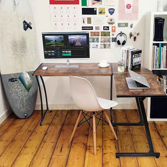 ZenStyle 55" L-Shaped Corner Computer Desk - Sturdy Steel Frame & Waterproof Surface, Brown Wood Grain Design for Home Office, Gaming & Multipurpose Workstation