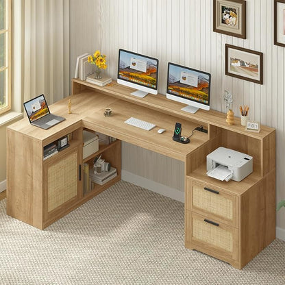TVU Farmhouse L Shaped Desk with Drawers, 62.2" Home Office Desk with Storage Shelves and Power Outlet, L Shaped Computer Desk with Monitor Stand and Printer Shelf, Oak/Rattan
