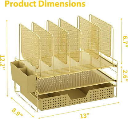 LEKETREE Gold Desk Organizer, Office Organization with Vertical File Holder, File Organizer with Drawer and Pen Holder, Desk Accessories and Workspace Organizers for Home Office (Gold)