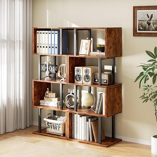 Furologee 5 Tier Bookshelf, S Shaped Geometric Bookcase, Narrow Freestanding Display Shelves, Modern Wood Decorative Storage Rack for Bedroom, Living Room, Home Office, Rustic Brown