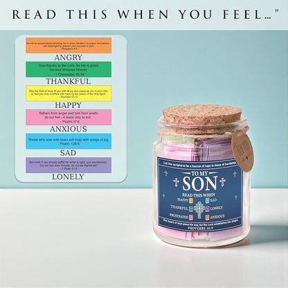Bible Verses Jar for Son – 92 Scripture Cards, Open When You Feel Happy Sad Anxious or Lonely, Meaningful Christian Gift for Son, Birthday Graduation Easter Gift from Parents