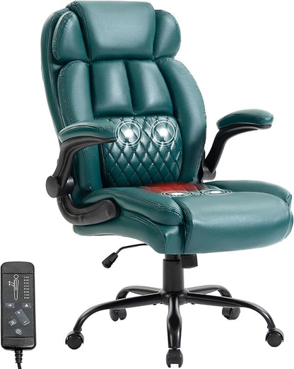 Massage Office Chair,500LBS Ergonomic Rocking Executive Desk Chairs with 4 Points Vibration&Heat,Padded Flipup Armrests for Big and Tall Office Chair,Swivel Computer Chair PU DarkGreen