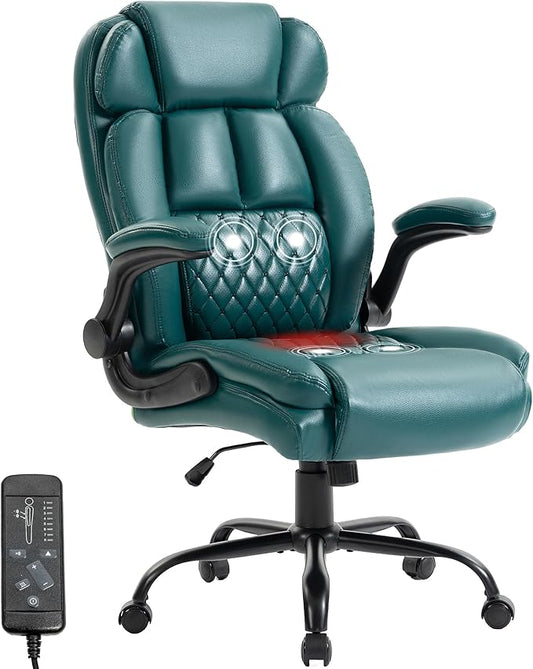Massage Office Chair,500LBS Ergonomic Rocking Executive Desk Chairs with 4 Points Vibration&Heat,Padded Flipup Armrests for Big and Tall Office Chair,Swivel Computer Chair PU DarkGreen