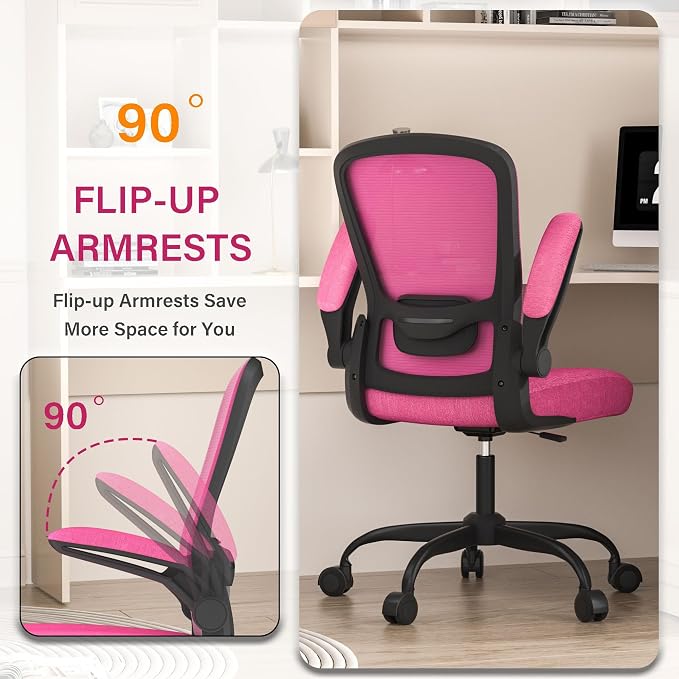 Mimoglad Ergonomic Office Chair - Desk Chair with Flip-up Armrests & 135° Recline, Adjustable Lumbar Support - Space-Saving Task Chair for Business/Team Office & Home (Modern, Rose-Carmine)