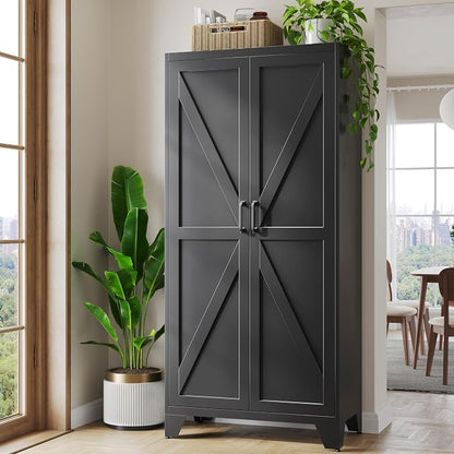 Metal Black Storage Cabinet with 2 Doors and 4 Adjustable Shelve, 72" Tall Kitchen Pantry cabinets, Farmhouse Food Pantry Cabinet,5 Tier Freestanding Barn Door Cupboard for Kitchen Dining/Living Room
