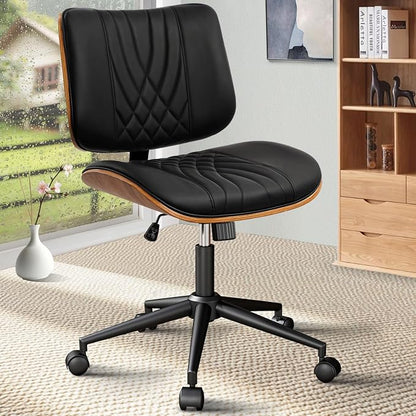 CLATINA Armless Home Office Chair, Desk Chair with Wheels, Adjustable Height Reading Chair, Leather Mid Back & Swivel Computer Chair, Modern Walnut Chairs with Back for Studio Meeting Room(Black)