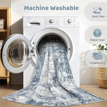 7x10 Area Rug Living Room: Washable Large Abstract Modern Soft Rug Stain Resistant Indoor Non-Slip Carpet for Bedroom Dining Room Nursery Kids Playroom Office Home House- Blue White