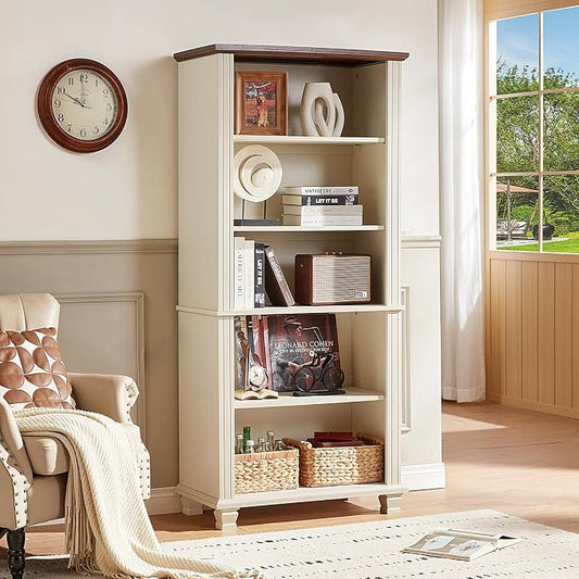 SAVOR LIFE 70" Tall White Bookshelf,5 Tier Wood Book Shelf with Adjustable Shelves & Wood Legs,Free Standing Farmhouse Bookcase with Open Display Storage,Vintage Kids Bookshelves for Nursery,2PCS