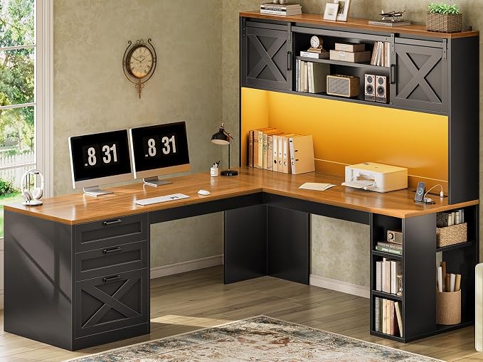 SEDETA 67" Farmhouse L Shaped Desk with Hutch, Home Office Desks with Drawers & Sliding Doors, Corner Computer Desk with Storage Shelves & Power Outlets, Executive Desk with LED Lights, Black+Brown