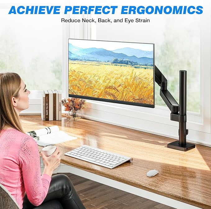 Single Monitor Arm Desk Mount, Adjustable Extra Long Monitor Stand for 17-34 Inch Screens, Hold up to 22 lbs, VESA 75/100mm Mount with Tilt, Swivel, Rotation