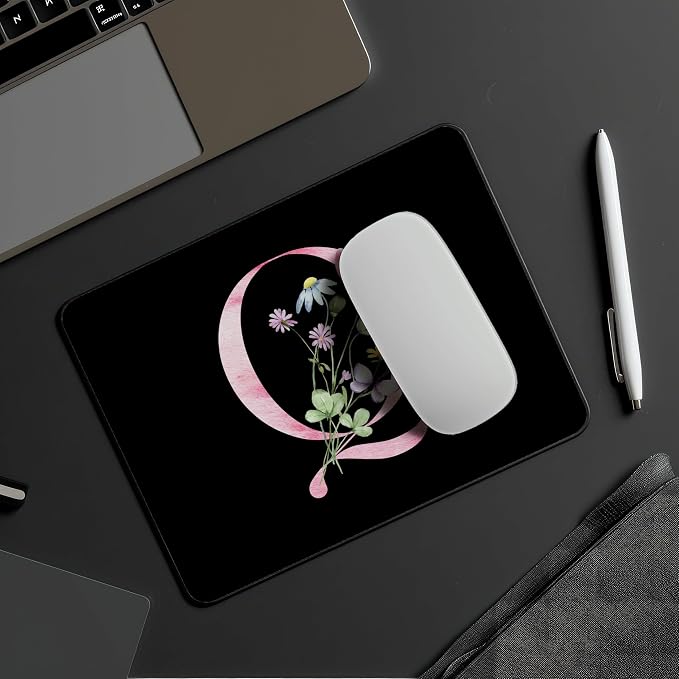Mouse Pad Pinks Flowers Initial Letters Mousepad Desktop Laptop Computer Accessories Home Office Gaming Work Desk Computer Non-Slip Rubber Monogram Floral Alphabet A-Z mousepad (Q)