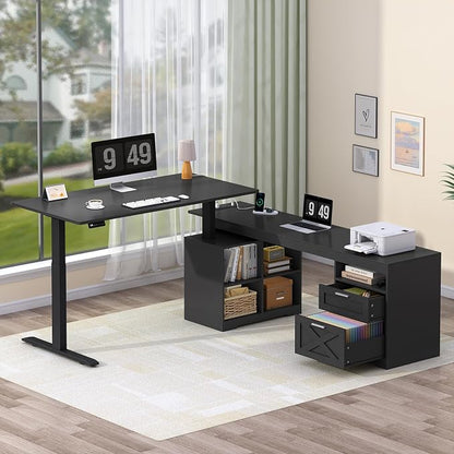 YOMILUVE Farmhouse L Shaped Standing Desk, 66 inch Corner Electric Standing Desk with Drawers ＆ Storage Shelves, Height Adjustable Computer Desk with Power Outlets for Home Office (Black)