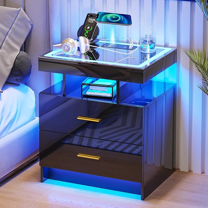 HNEBC Auto LED Nightstand Set of 2, Smart Night Stand with Charging Station & USB Ports, High Gloss Bedside Table has 2 Drawers,Modern End Side Table for Bedroom (Black)