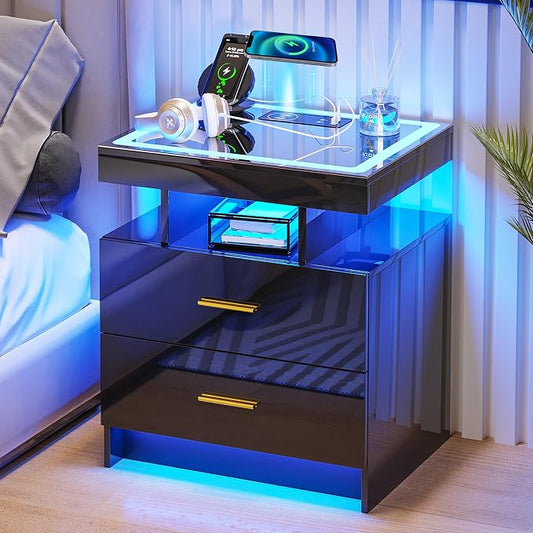 HNEBC Auto LED Nightstand Set of 2, Smart Night Stand with Charging Station & USB Ports, High Gloss Bedside Table has 2 Drawers,Modern End Side Table for Bedroom (Black)