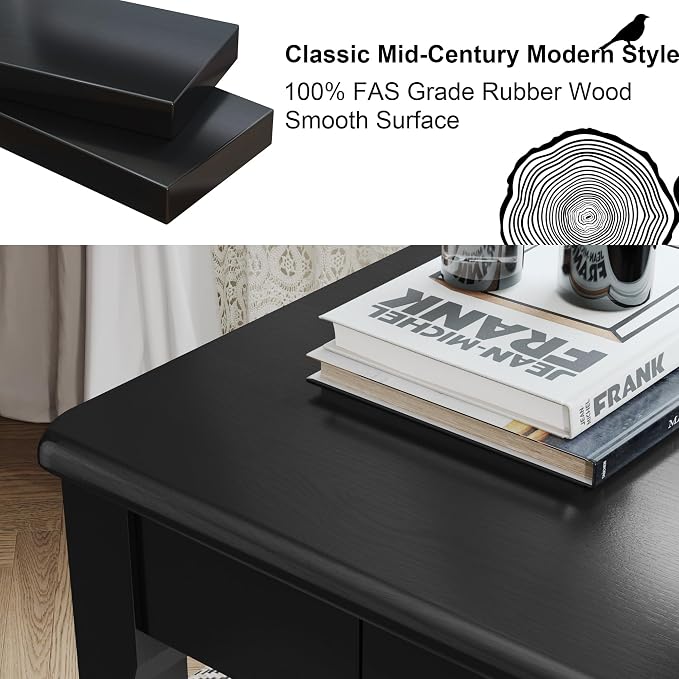 Solid Wooden Desk with Drawers - 32 x 16 Inch Narrow Desks for Small Spaces, Rubberwood Simple Study Table, Small Writing Desk for Bedroom - Modern Black Desks
