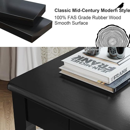 Solid Wooden Desk with Drawers - 32 x 16 Inch Narrow Desks for Small Spaces, Rubberwood Simple Study Table, Small Writing Desk for Bedroom - Modern Black Desks