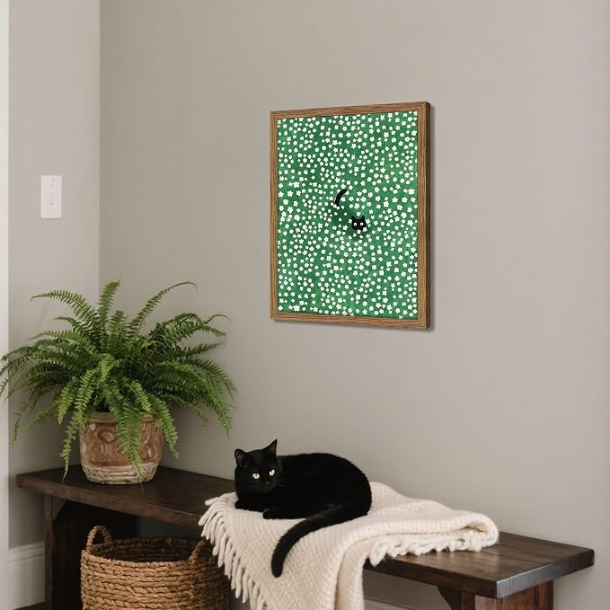 Framed Floral Black Cat Canvas Wall Art, Cute Black Cat in Daisy Field Painting, Animal Poster Print, Modern Home Aesthetic Wall Decor, Flowers Canvas Artwork for Bedroom Living Room 8x10 inch
