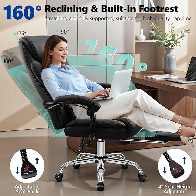 Big and Tall Office Chair 400lbs - Wide Memory Foam Seat with Lumbar Support, Reclining Executive Desk Chair with Footrest, Ergonomic Heavy Duty High Back Computer Chair, Black