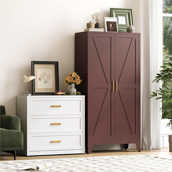 Baborokic 61H Metal Storage Cabinet with 2 Doors and Adjustable Shelves,Farmhouse Storage Cabinet with Barn Doors,Pantry Storage for Home,Office,Dining Room,Kitchen(Burgundy)