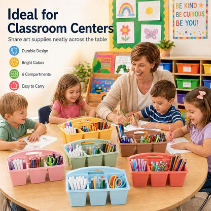 6 Pack Assorted Colors 6 Compartment Classroom Caddy with Handle Portable Plastic Storage Classroom Caddies Organizer for Classrooms Supply Teacher Office Table Desk(Groovy)