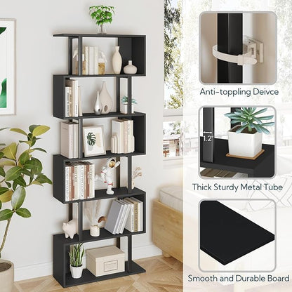 Yusong S Shaped Bookshelf, Modern Geometric Bookcase, 6-Tier Black Display Case Book Shelf