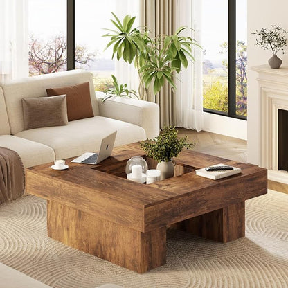 LVB Rustic Coffee Table, Large Wood Living Room Table with Storage, Modern Low Wide Square Led Center Table, Farmhouse Unique Tea Table with LED Light for bedroom Home Office, 39.37 Inch, Rustic Brown