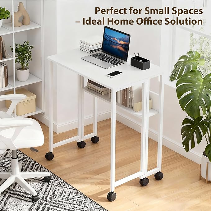 Folding Desk with Storage Shelf, 24.8 Inch Foldable Computer Table with Wheels for Small Spaces,Space Saving Sofa Table for Couch, Rolling Writing Work Office Computer Desk, Easy to Fold,White