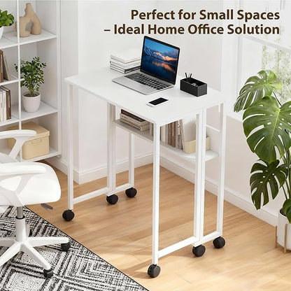 Folding Desk with Storage Shelf, 31.5 Inch Foldable Computer Table with Wheels for Small Spaces,Space Saving Sofa Table for Couch, Rolling Writing Work Office Computer Desk, Easy to Fold,White
