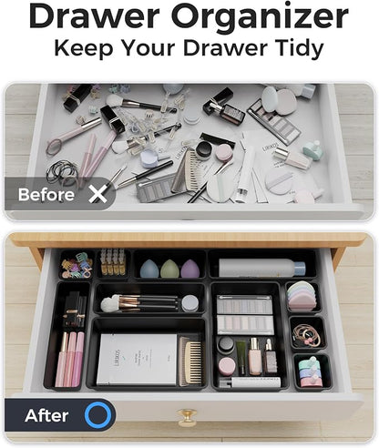 BiuLeon 25 PCS Plastic Drawer Organizers Set, 4-Sizes Vanity and Makeup Organizer, Desk and bathroom Drawer Organizer Trays, Organizers and Storage for Makeup, Jewelry, Gadgets, Utensils (Black)