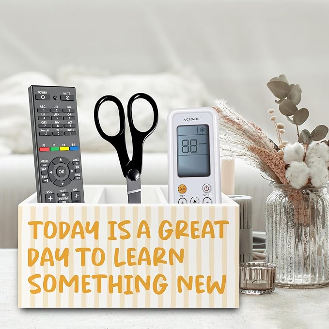 Inspirational Pen Pencil Holder Organizer for Desk, Motivational Gifts for Women, Today Is a Great Day to Learn Something New Wooden Box Sign for Home Office Desk Tabletop Decorations