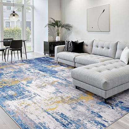RELEANY Washable Area Rugs 10'x14' Non-Slip Modern Abstract Soft for Living Room Entryway Bedroom Kitchen, Print Pattern, Grey Blue Gold/Golden