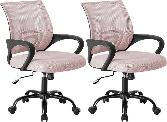 OLIXIS Office Desk Chair - Ergonomic Mid Back with Lumbar Support & Rocking Mode, Height Adjustable with Fixed Armrest, for Home, Computer, Gaming, Conference, Meeting Room, 360° Swivel, Pink, 2 Pack