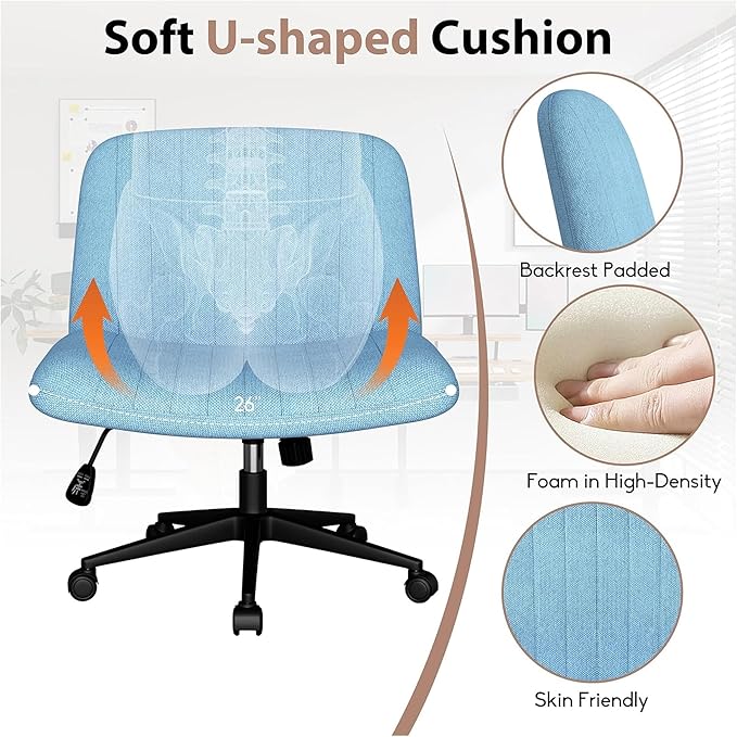 SUNLEI Cross Legged Office Chair, Armless Wide Chair's for Vanity Desk, Criss Cross Comfy Chairs with Back, Desk Chair/s of Height Adjustable Swivel, Light Grey