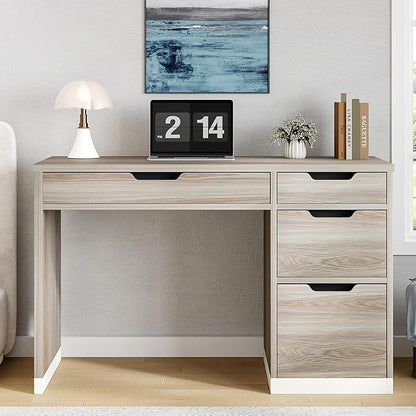 MaverickFurni 48 Inch Small Desk with Drawers, Computer Desk with Storage File Drawer for Bedroom, Office Desk with Storage for Small Space, Light Walnut