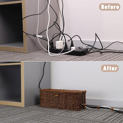 BROWNLILY Cable Management Box, Rattan Style Cord Organizer for Desk Cord Hider Outlet Covers for Power Strip TV PC Router Charger Under Desk Storage with Lockable Lid and Cable Ties
