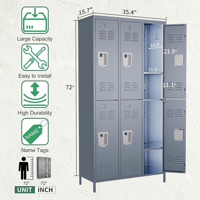 6 Door Metal Lockers for Employees,6 Heavy-Duty Hooks,72" Secure Storage for Home,Offices,Schools & Gyms | Gray