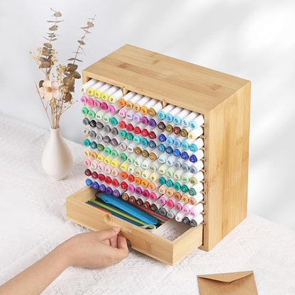 AUTOARK Bamboo Marker Organizer for 150 Markers,AHK-060 | Desktop Storage with Drawers,Art Markers Pens Pencils Brushes