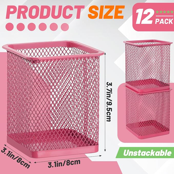 Segarty Pen Cup, 12 Pack Square Dark Pink Pen Holder for Desk, Multifuntional Mesh Pencil Cups Holder for Marker, Office Supplies, School Students, Home, Desktop Accessories Storage Organizer